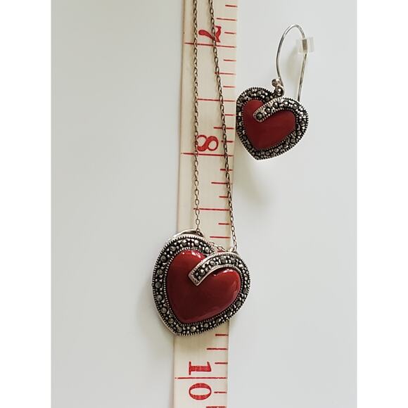 Sterling Silver Red Heart Marcasite Necklace and Earring Set - Picture 6 of 6